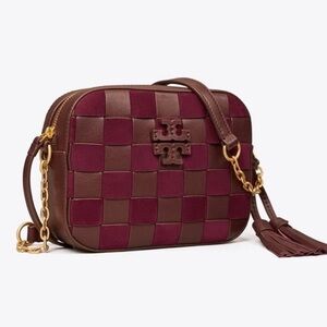 Tory Burch Burgundy and Brown Checkered Crossbody - McGraw Woven Camera Bag
